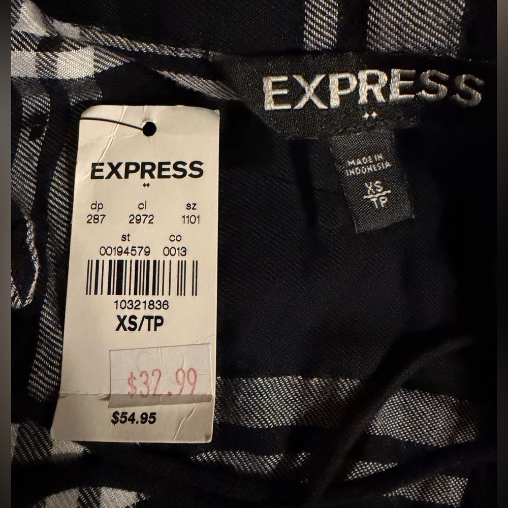 Express Black and White Plaid Lace-Up Button Down Shirt - Picture 3 of 6